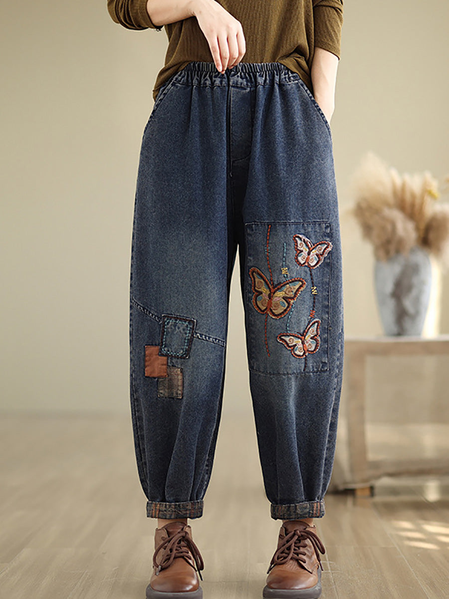 Women Autumn Artsy Butterfly Embroidery Denim Harem Pants AI1078 ZMFS