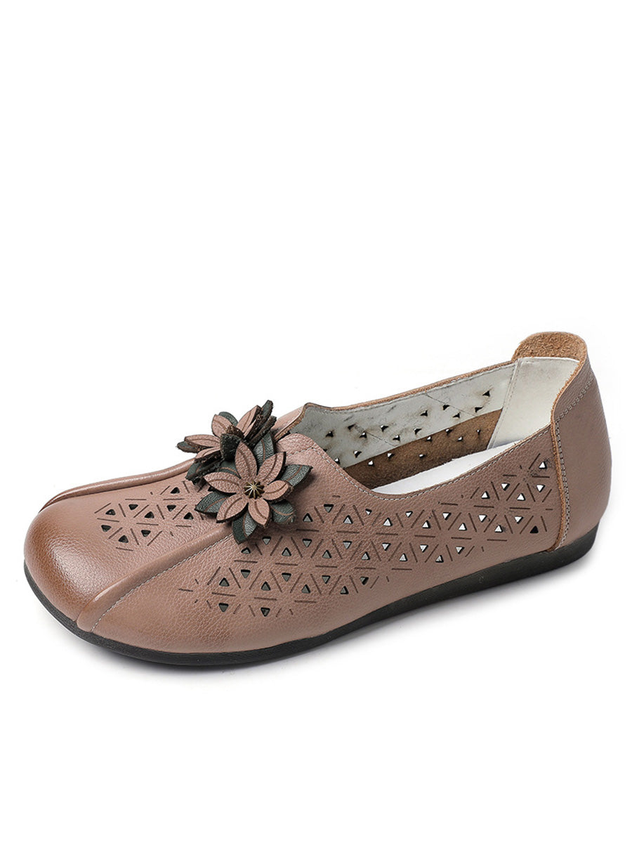 Women Vintage Leather Flower Cutout Flat Shoes KL1034 Ada Fashion