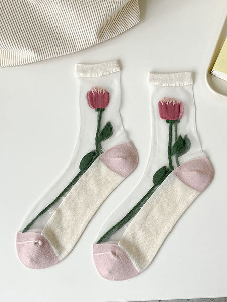 5 Pairs Women Artsy Summer Flower Jacquard Thin Socks CX040 BUYKUD