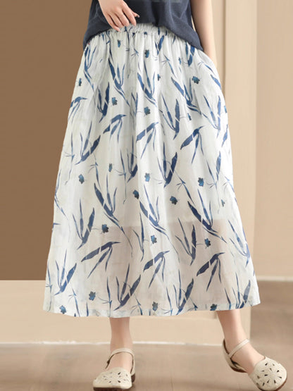 Women Artsy Summer Flower Ramie A-shape Skirt CO1025 Ada Fashion