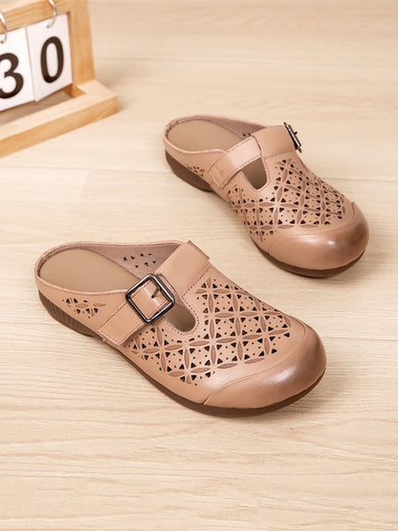Heel Hollow Out Genuine Low Leather Women Shoes Vintage FashionChic