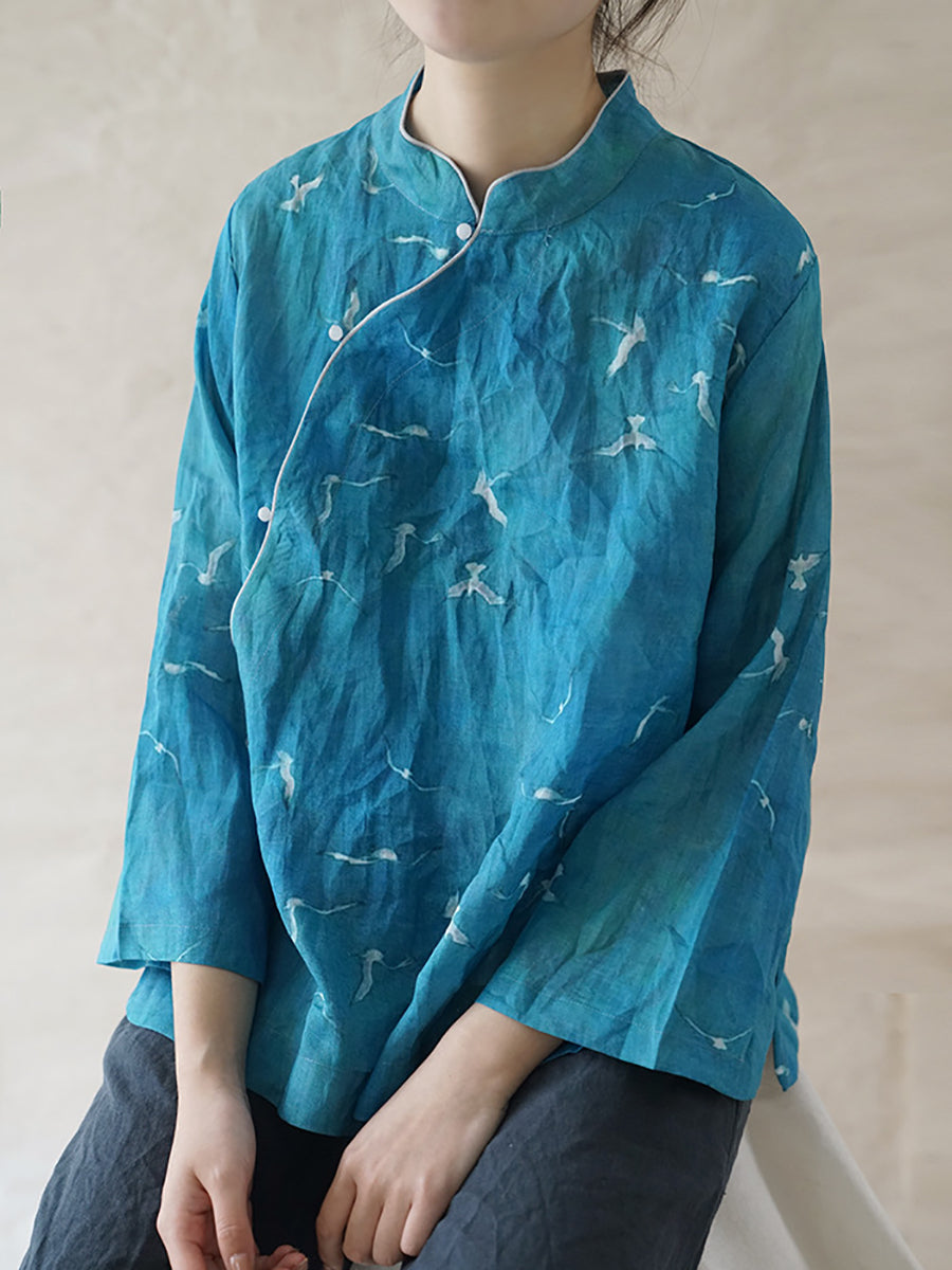 Women Ethnic Crane Spring Linen Shirt QW1004 Ada Fashion