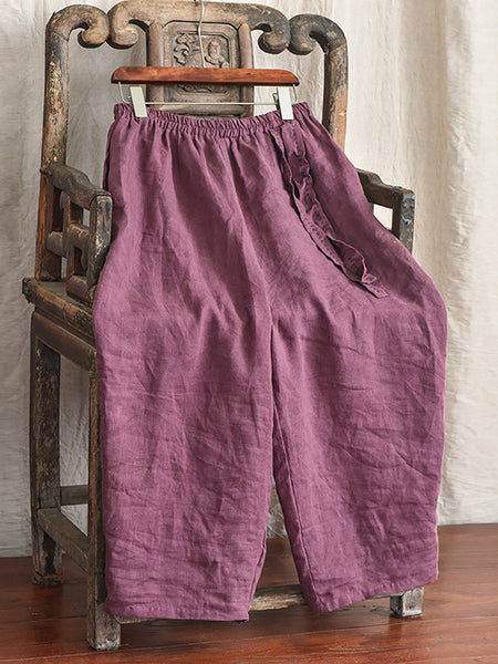 Women Casual Solid Drawstring Loose Linen Turnip Pants CX045 QYMM