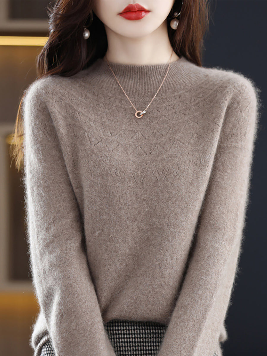 Women Autumn Solid Cable Knit 100%Wool Half Turtleneck Sweater QN017 BK