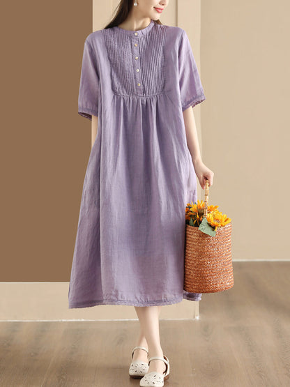 Women Summer Casual Solid Shirred Button Linen Dress HH019 LN