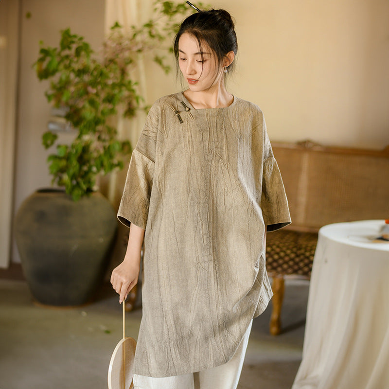 Women Summer Vintage Solid Loose Linen Short Dress II1008 BUYKUD