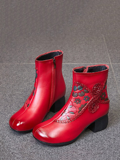 Women Ethnic Winter Flower Spliced Leather Mid-Heel Boots AI1013 MXXZ