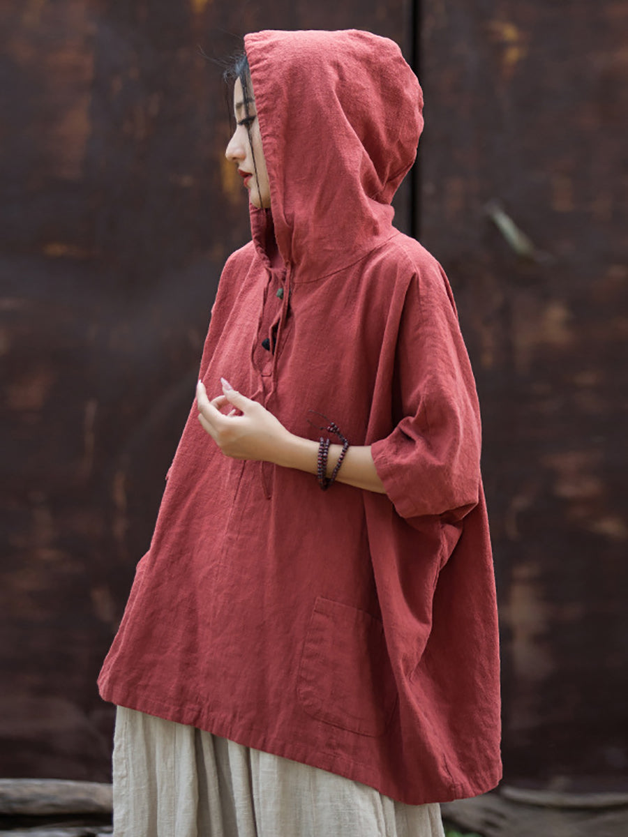 Women Summer Retro Solid Loose Hooded Ramie Shirt CC045 BXF