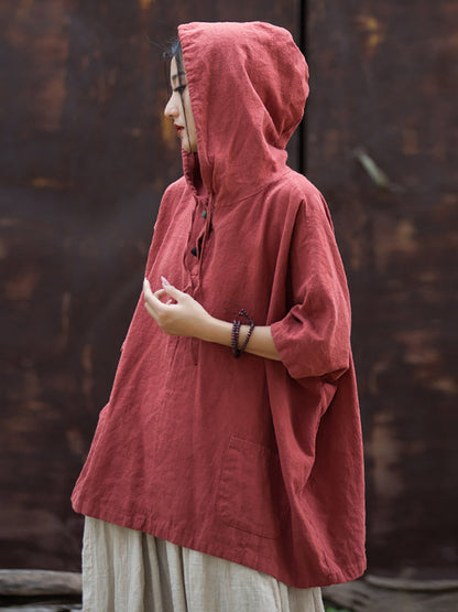Women Summer Retro Solid Loose Hooded Ramie Shirt CC045 BXF