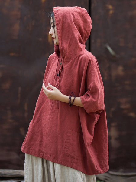 Women Summer Retro Solid Loose Hooded Ramie Shirt CC045 BXF