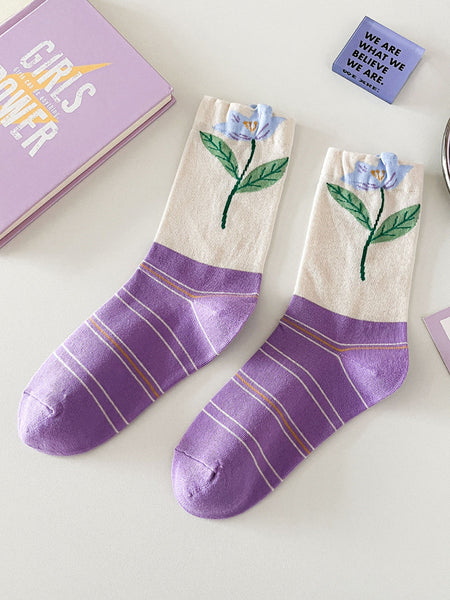 5 Pairs Women Artsy Flower Cotton Socks IO1012 Ada Fashion