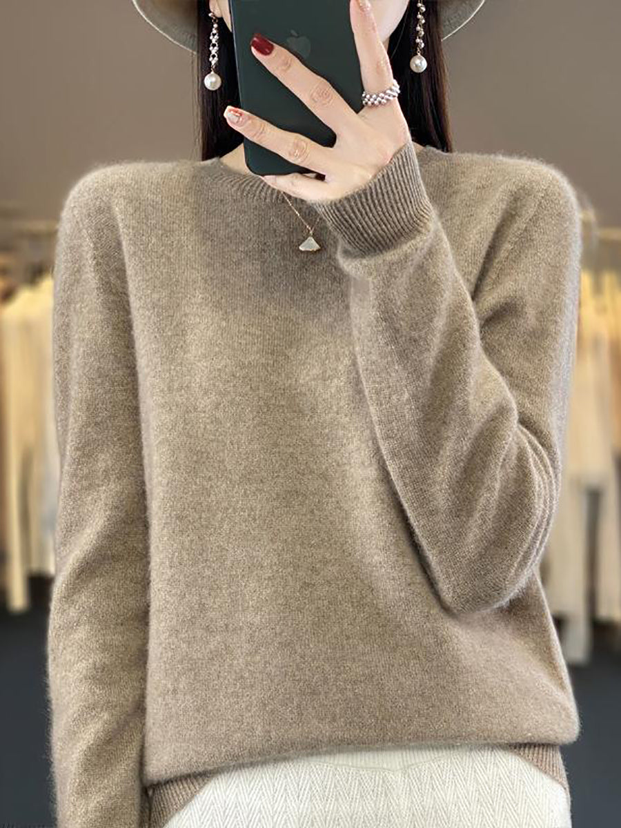 Women Autumn Solid Knit 100%Wool O-Neck Sweater WU023 BK