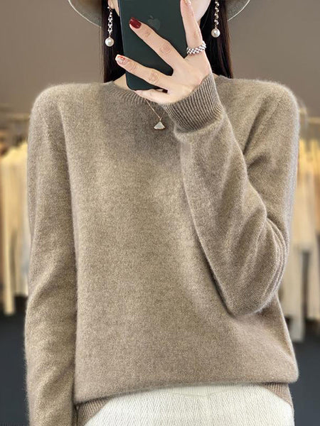 Women Autumn Solid Knit 100%Wool O-Neck Sweater WU023 BK
