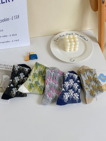 5 Pairs Women Autumn Floral Jacquard Colorblock Socks AV1025 Genistyle Shop