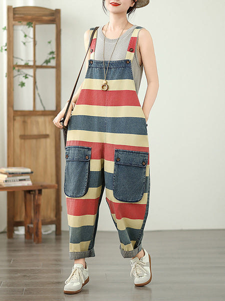 Summer Colorblock Women Loose Denim Stripe Jumpsuits FashionChic