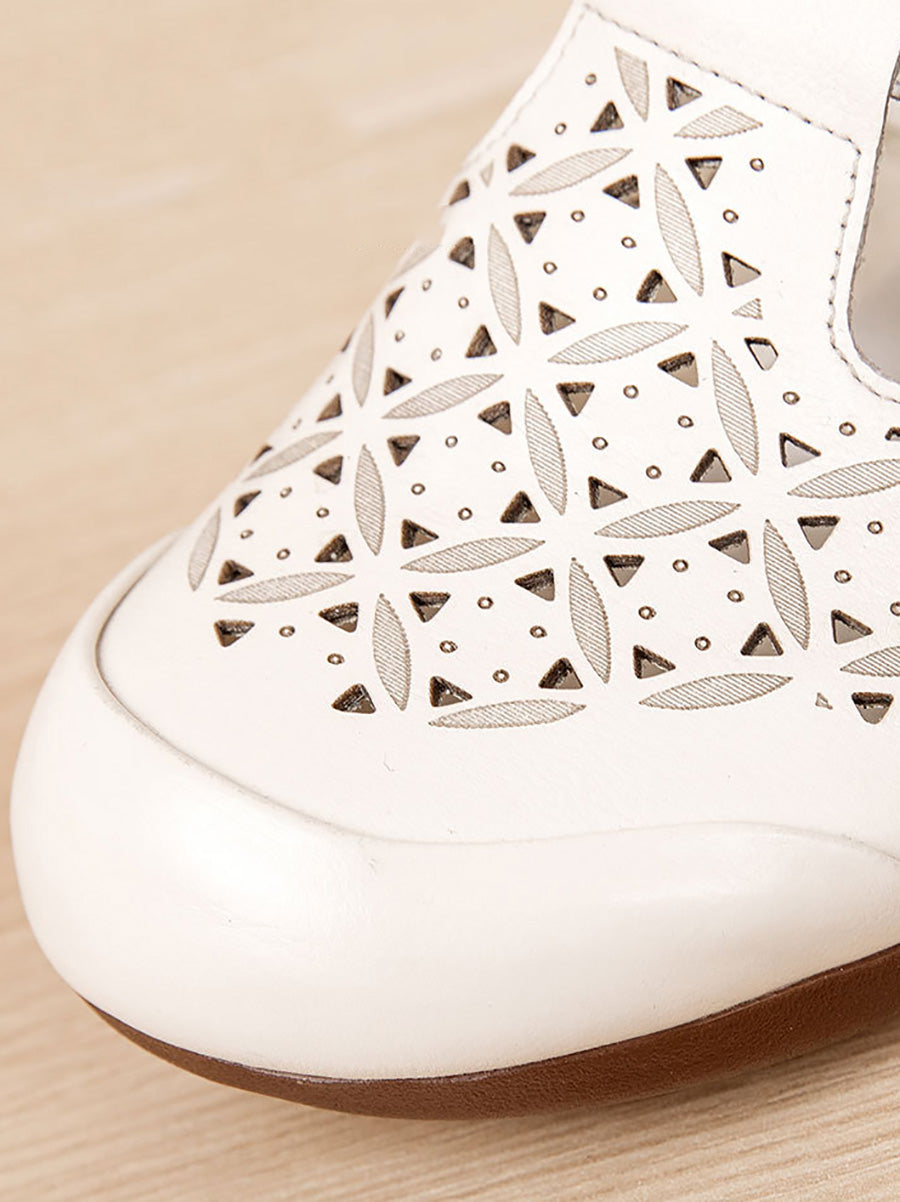 Heel Hollow Out Genuine Low Leather Women Shoes Vintage FashionChic