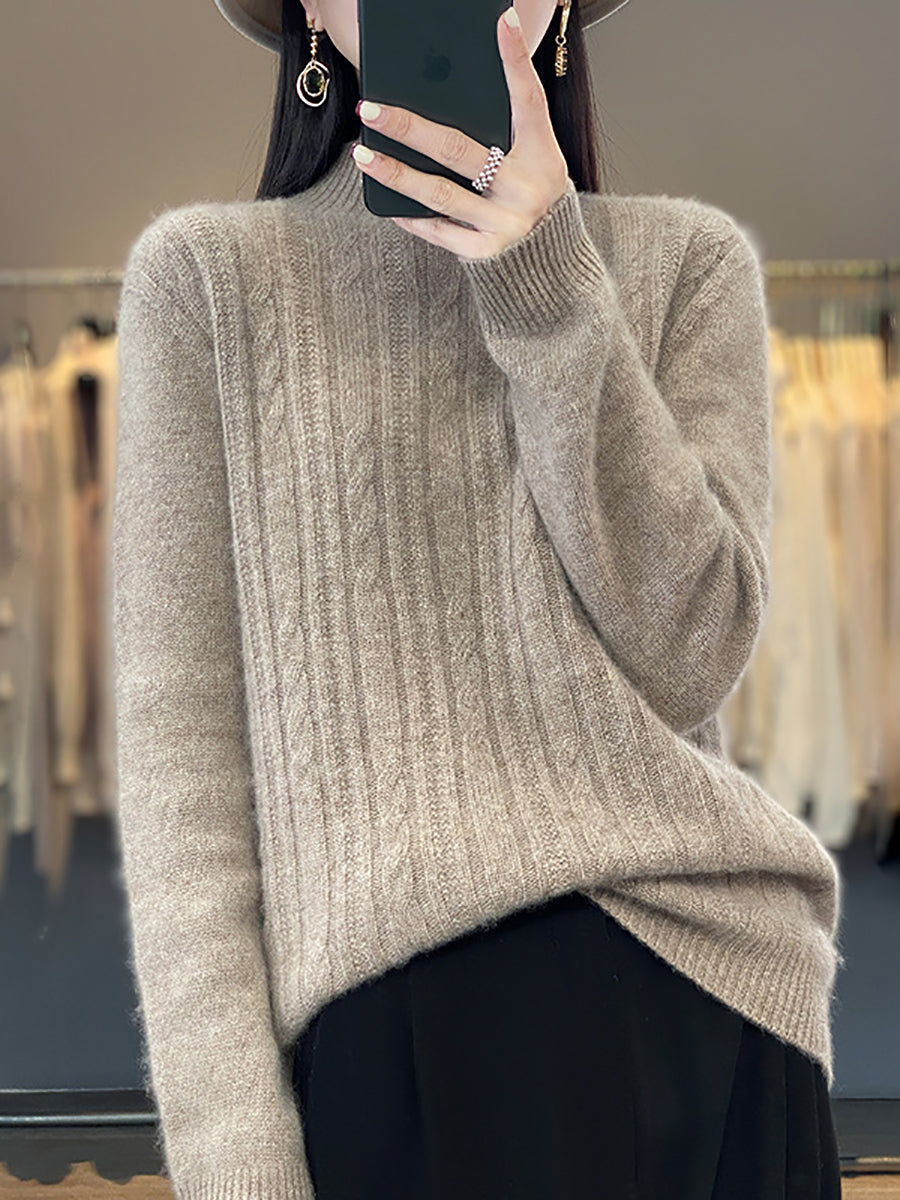 Women Autumn Solid Cable Knit 100%Wool Half Turtleneck Sweater QN027 BK