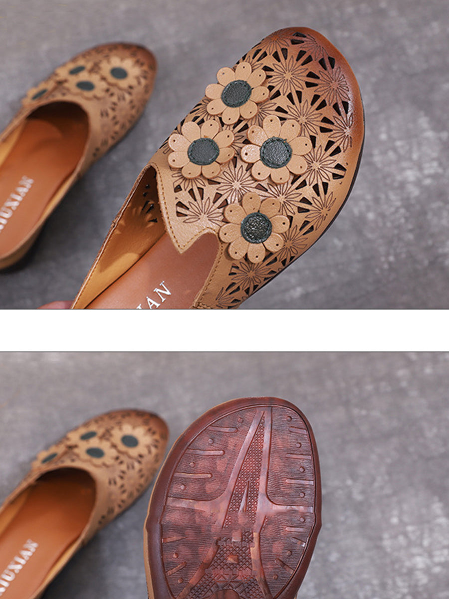 Women Summer Leather Flower Spliced Cutout Slippers OO1019 TJPX