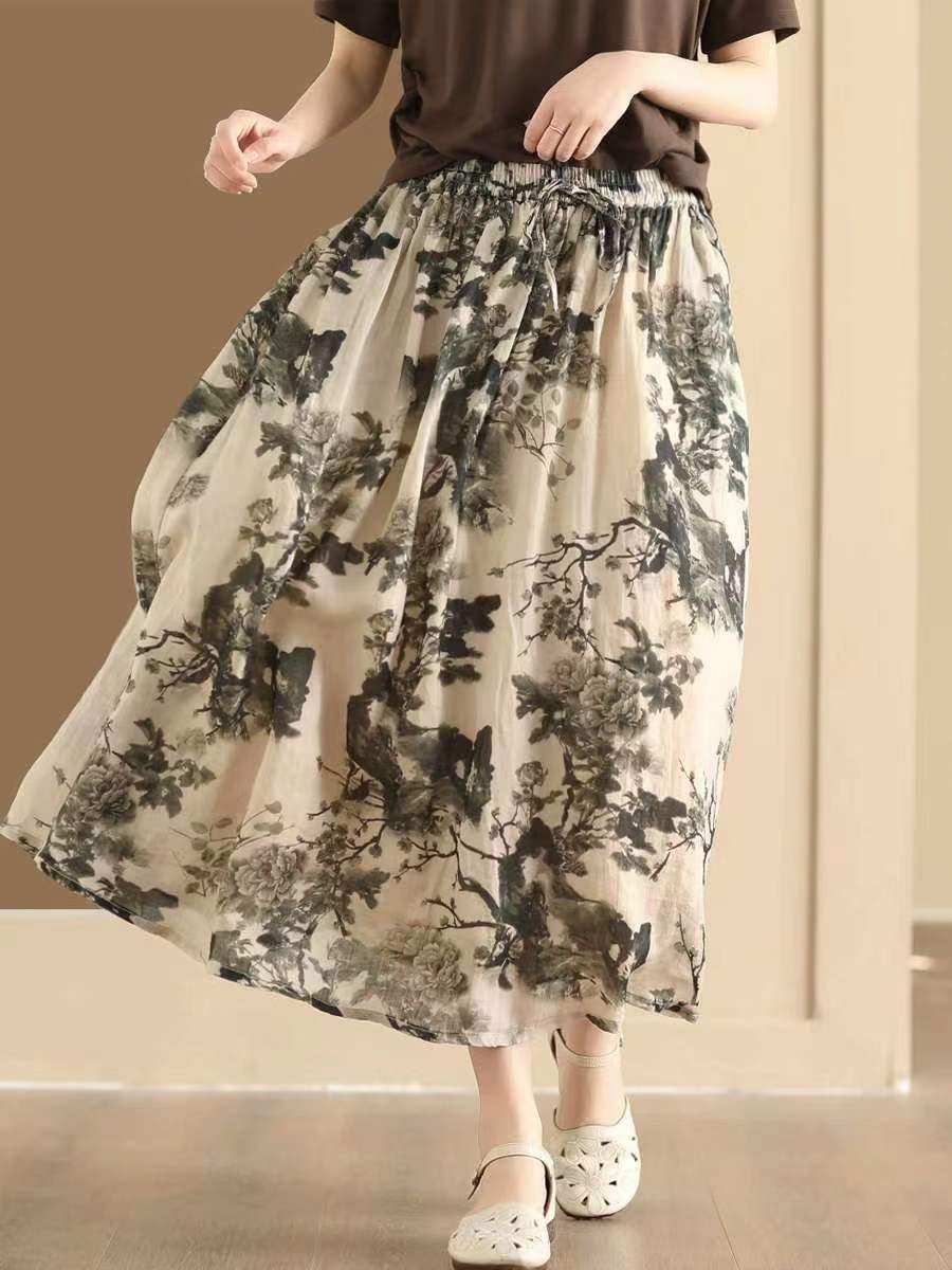 Women Vintage Summer Flower Ramie Loose Skirt QW1006 Ada Fashion