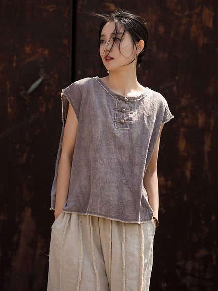 Women Summer Tie-dye Raw-edge Linen Vest CV1031 Ada Fashion