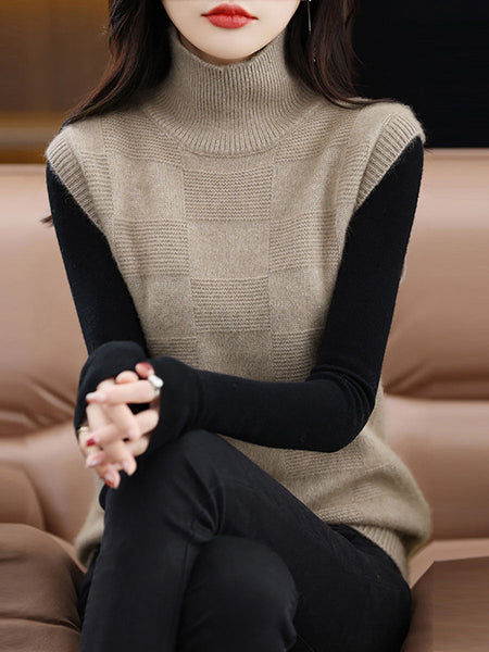 Women Casual Wool Turtleneck Plaid Knit Vest BA1016 Genistyle Shop