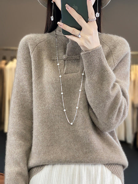 Women Autumn Vintage Half-Turtleneck 100%Wool Buckle Sweater BA1040 Genistyle Shop