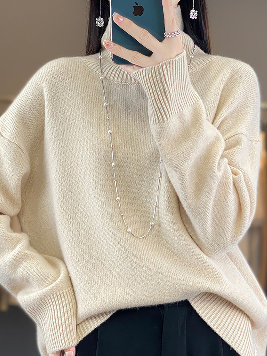 Women Autumn Casual Turtleneck Solid 100%Wool Sweater QU012 BK