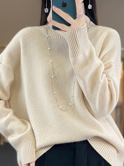 Women Autumn Casual Turtleneck Solid 100%Wool Sweater QU012 BK