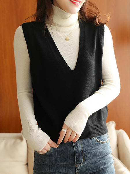 Women Casual Wool Solid V-Neck Knit Vest AK1045 Genistyle Shop