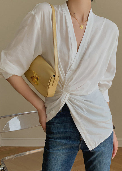 Chic White V Neck Asymmetrical Patchwork Cotton Shirt Tops Long Sleeve EE015 shopify