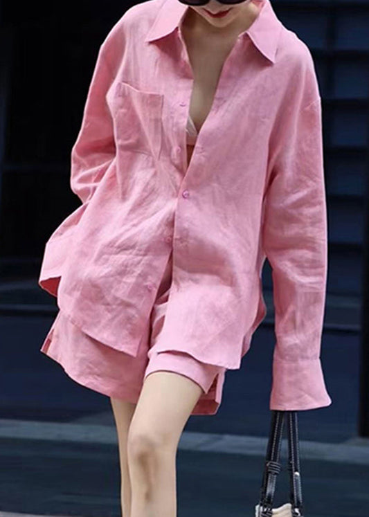 Modern Pink Button Shirts And shorts Two Pieces Set Fall AN1017 Genistyle Shop