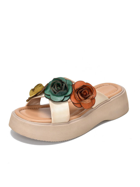 Women Summer Platform Spliced Flower Leather Slippers FashionChic