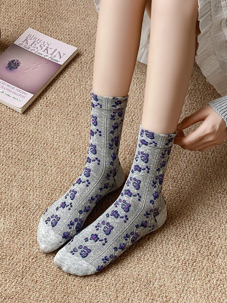 5 Pairs Women Floral Jacquard Cotton Socks AK1035 Genistyle Shop