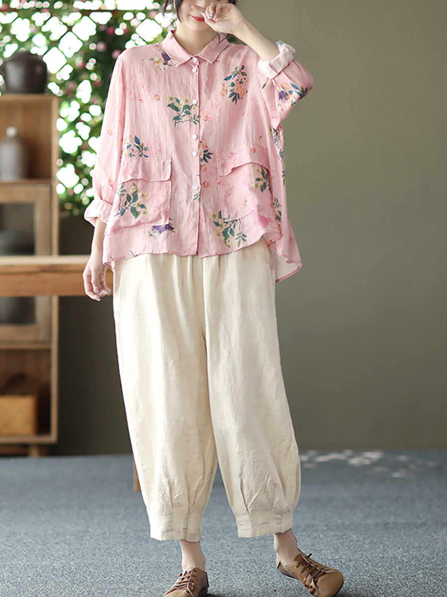 Women Vintage Floral Spring Button Up Ramie Blouse AT1089 BUYKUD