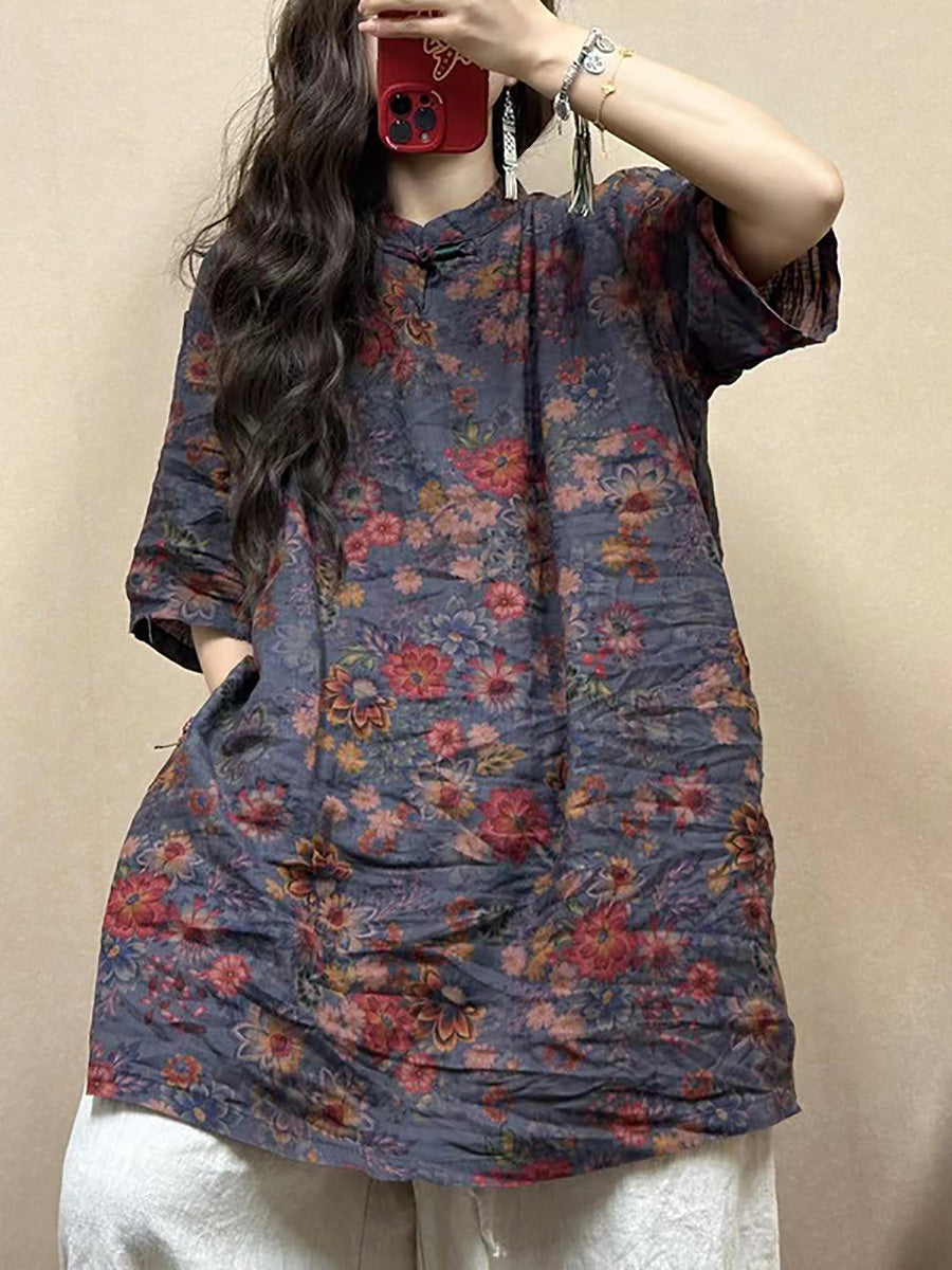 Women Vintage Flower Linen Summer Long Shirt CO1015 Ada Fashion