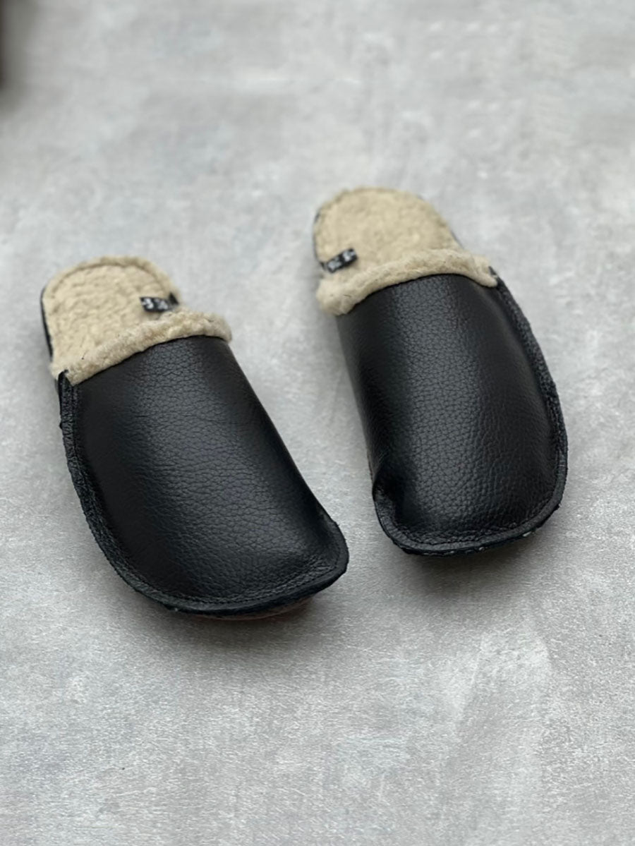 Women Vintage Winter Leather Fleece-lined Flat Slippers AV1041 Genistyle Shop