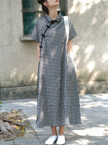 Plus Size Women Summer Vintage Plaid Frog Loose Dress WE1031 Ada Fashion