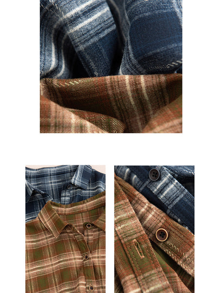 Women Autumn Vintage Plaid Button-up Cotton Blouse AI1031 ZMMM