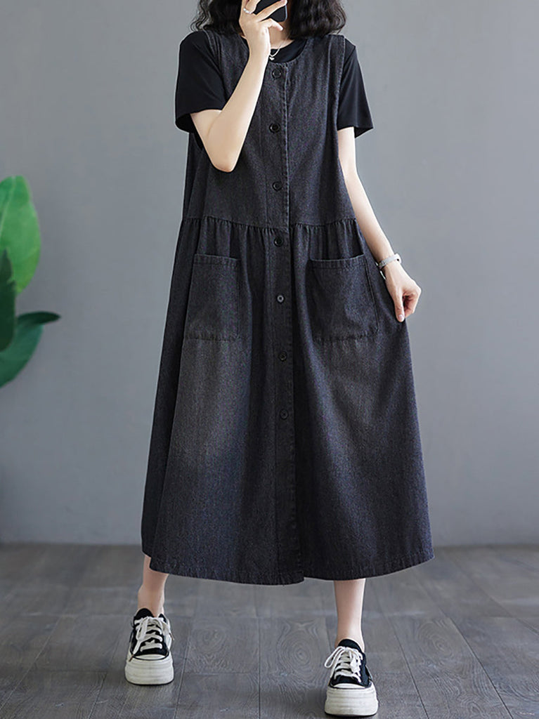 Women Summer Solid Denim Button-up Vest Dress OP1040 BUYKUD