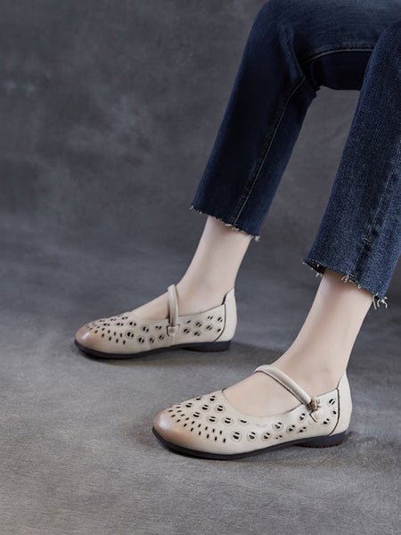 Genuine Shoes Women Summer Hollow Out Heel Low Leather FashionChic