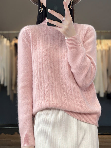 Women Autumn Solid Cable Knit 100%Wool Half Turtleneck Sweater QN027 BK