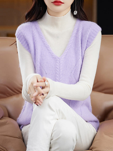 Women Casual Wool V-Neck Twist Knit Vest BA1045 Genistyle Shop