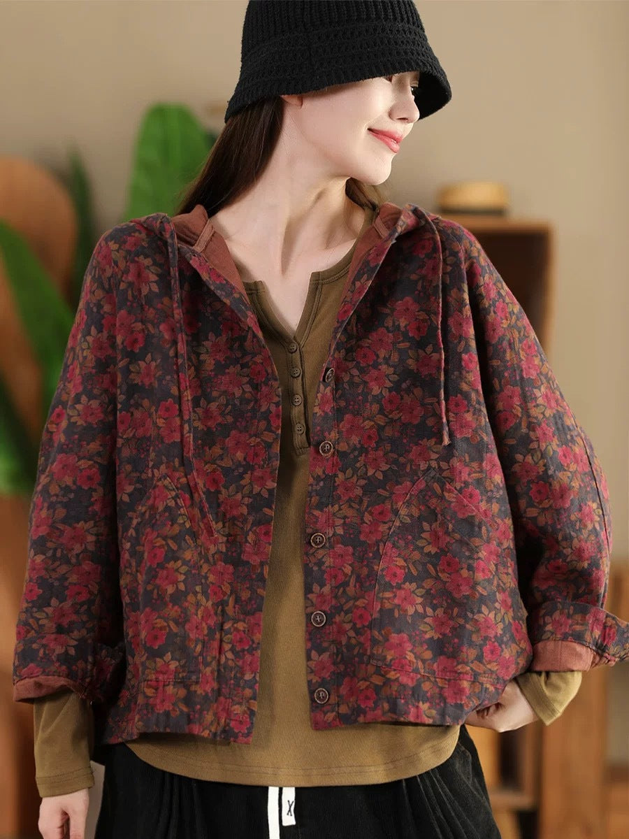 Women Vintage Autumn Flower Button Cotton Linen Hooded Coat AH1013 ZMMM