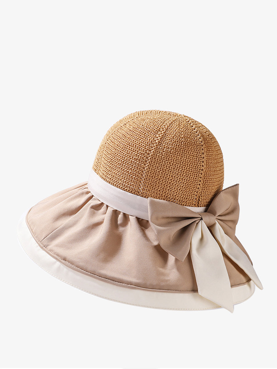 Women Summer Colorblock Large Brim Bowknot Hat WE1003 Ada Fashion