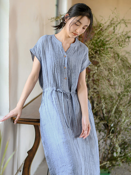 Women Summer Vintage Solid Strap Wrist Linen Dress OO1011 QMCJ
