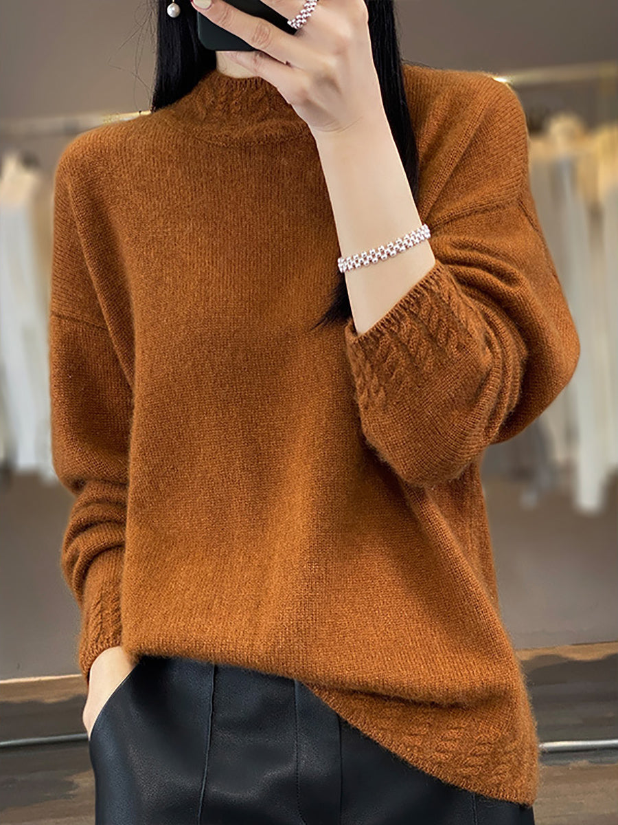 Women Autumn Half-Turtleneck Knit 100%Wool Sweater QU010 BK