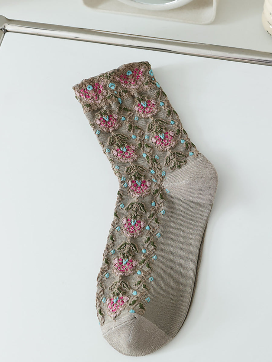5 Pairs Women Artsy Floral Jacquard Cotton Socks AS1030 BUYKUD
