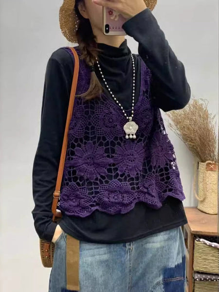 Women Summer Artsy Flower Knitted Cutout V-neck Vest CV1023 Ada Fashion