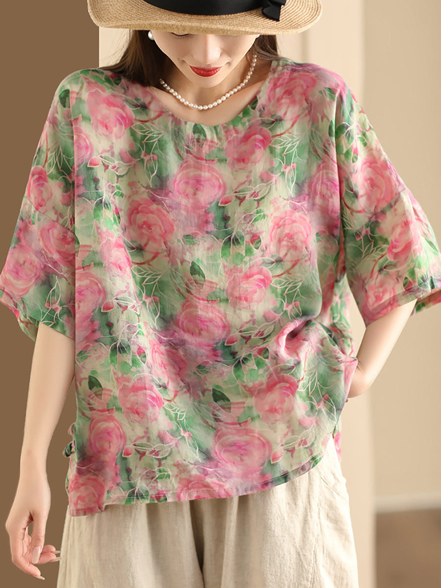 Women Artsy Floral Summer Ramie Pullover Shirt KL1016 Ada Fashion