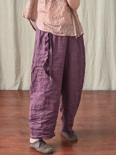 Women Casual Solid Drawstring Loose Linen Turnip Pants CX045 QYMM